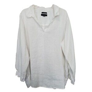 Tahari 100% Linen White Roll-Tab Sleeve Button-Back Popover Tunic Size 3X